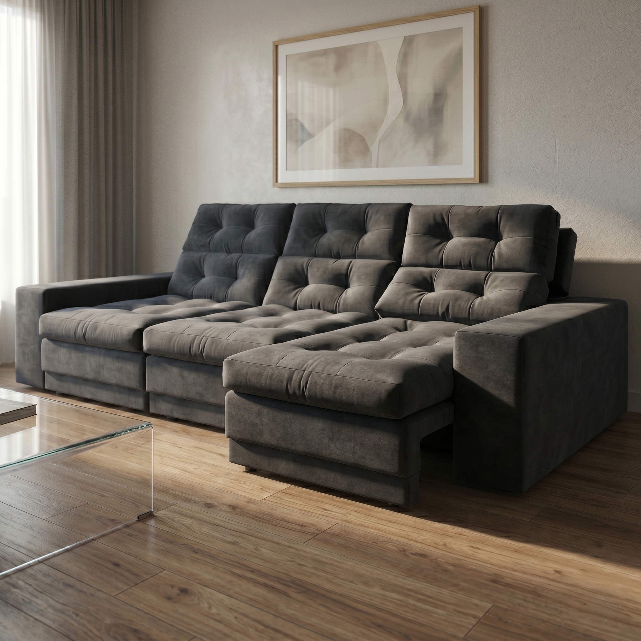 Sofá 3 Lugares Retrátil e Reclinável Baden Suede Grafite 230 cm