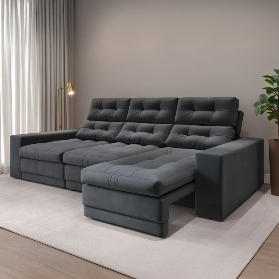 Sofá 3 Lugares Retrátil e Reclinável Baden Suede Grafite 230 cm