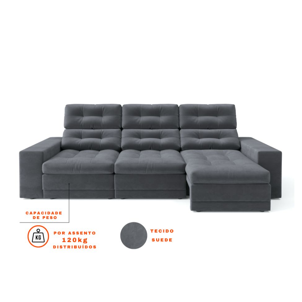 Sofá 3 Lugares Retrátil e Reclinável Baden Suede Grafite 230 cm