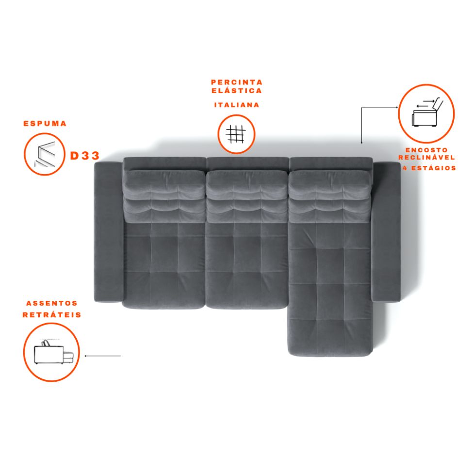 Sofá 3 Lugares Retrátil e Reclinável Baden Suede Grafite 230 cm