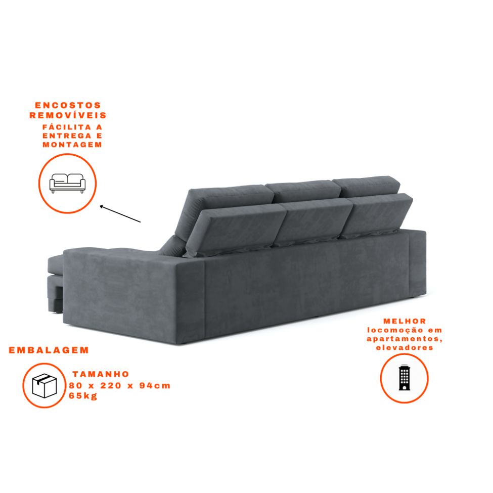 Sofá 3 Lugares Retrátil e Reclinável Baden Suede Grafite 230 cm