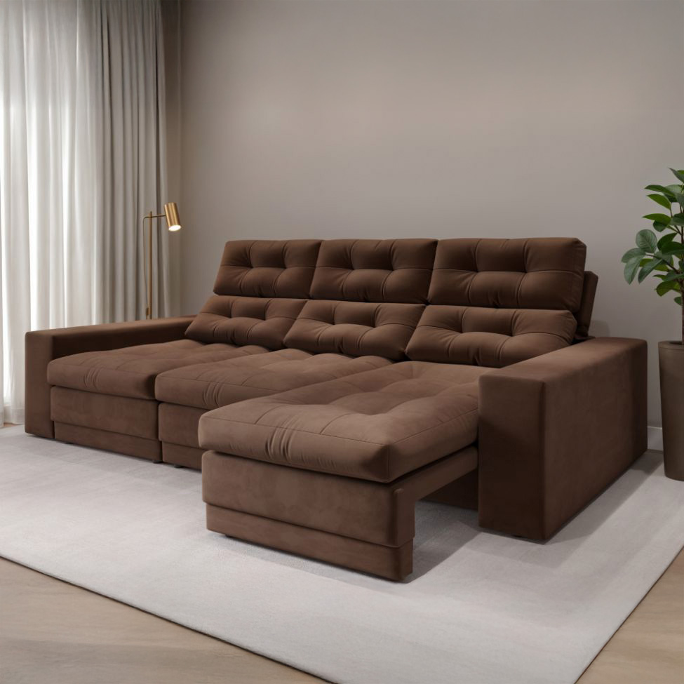 Sofá 3 Lugares Retrátil e Reclinável Baden Suede Marrom 230 cm