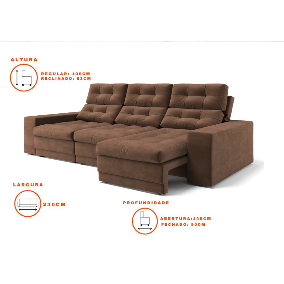 Sofá 3 Lugares Retrátil e Reclinável Baden Suede Marrom 230 cm