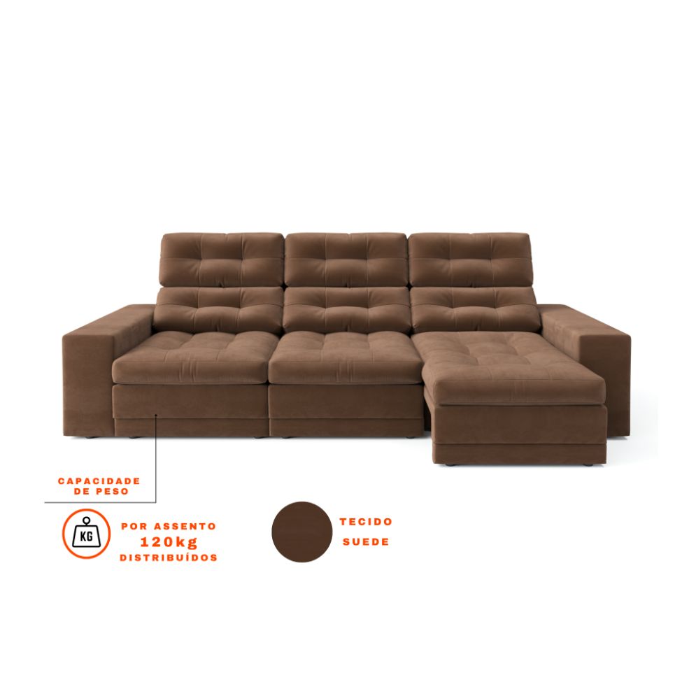 Sofá 3 Lugares Retrátil e Reclinável Baden Suede Marrom 230 cm