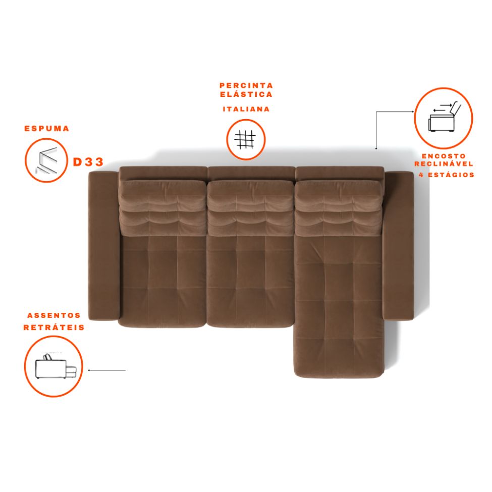 Sofá 3 Lugares Retrátil e Reclinável Baden Suede Marrom 230 cm