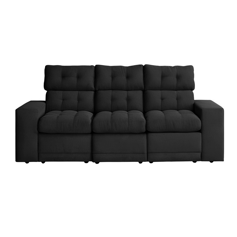 Sofá 3 Lugares Retrátil e Reclinável Baden Suede Preto 230 cm