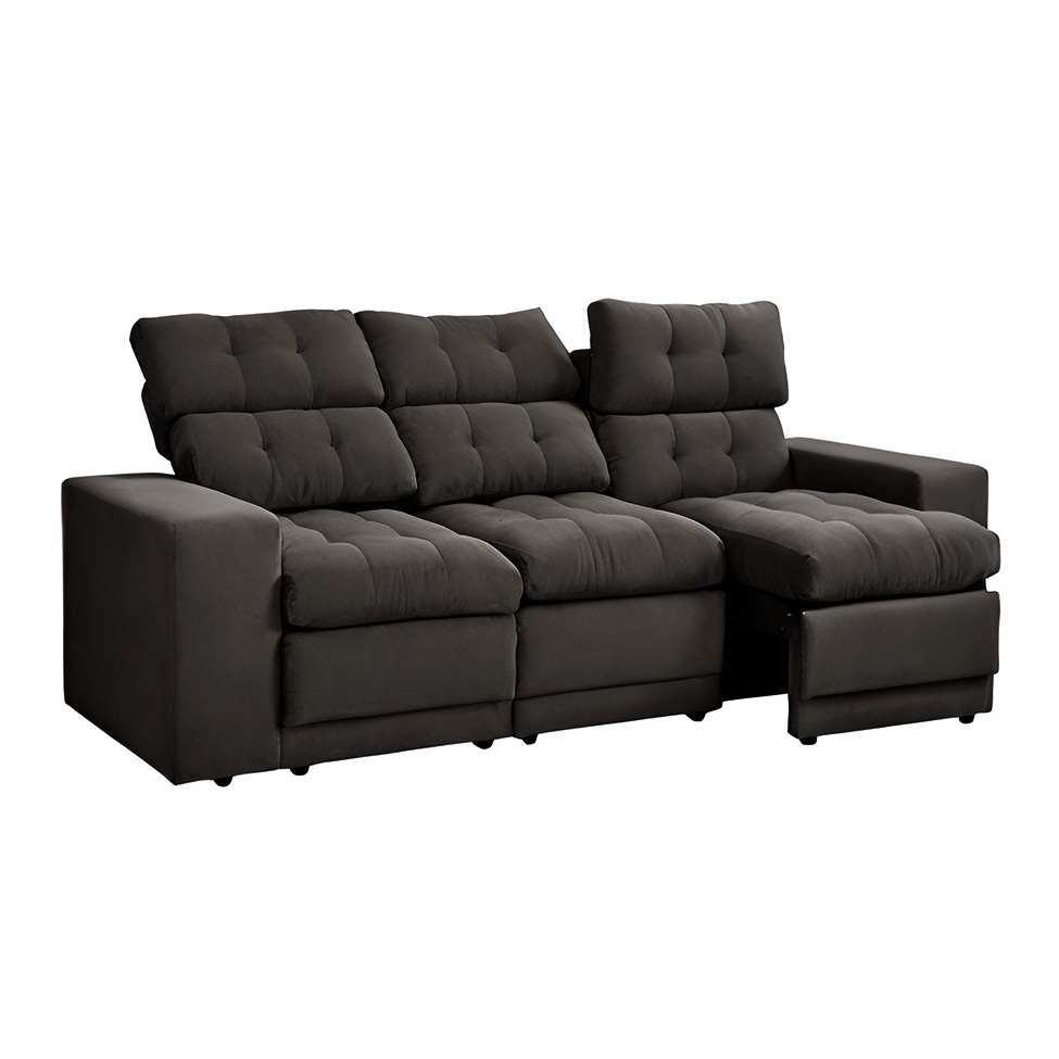 Sofá 3 Lugares Retrátil e Reclinável Baden Suede Preto 230 cm