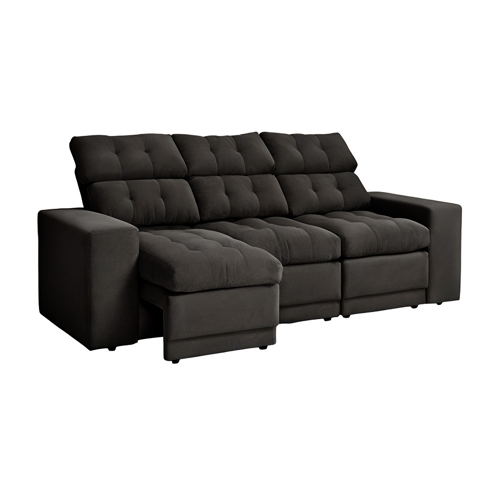 Sofá 3 Lugares Retrátil e Reclinável Baden Suede Preto 230 cm