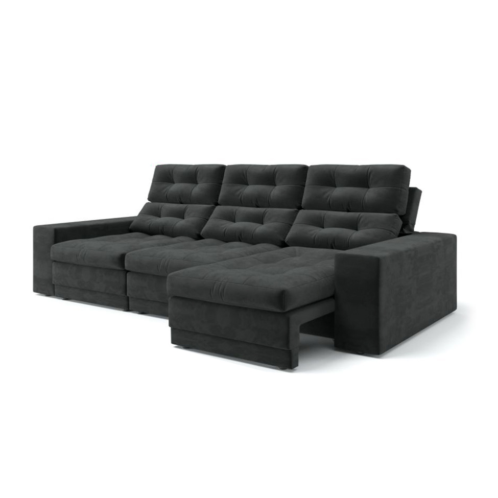 Sofá 3 Lugares Retrátil e Reclinável Baden Suede Preto 230 cm