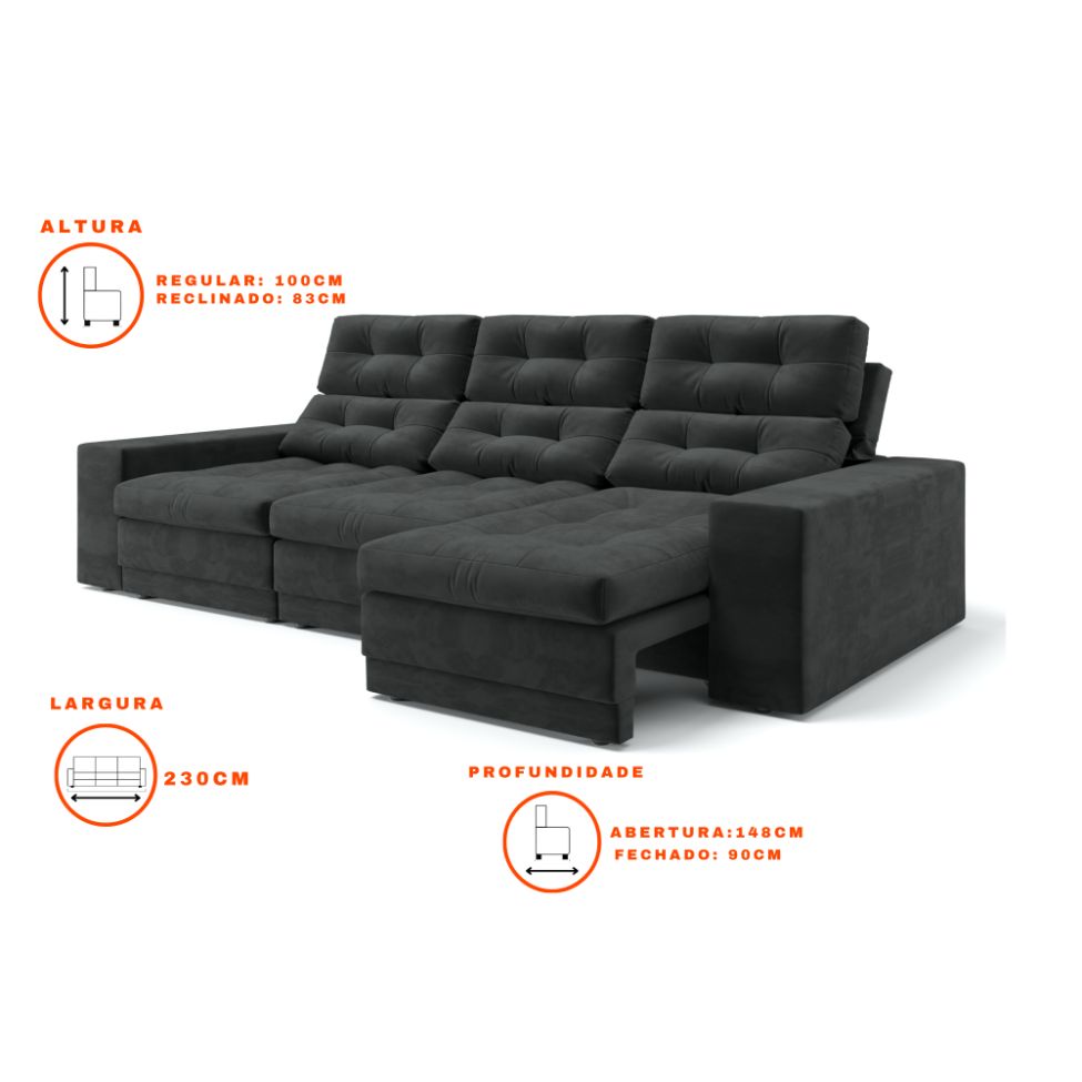 Sofá 3 Lugares Retrátil e Reclinável Baden Suede Preto 230 cm