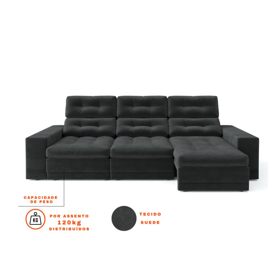 Sofá 3 Lugares Retrátil e Reclinável Baden Suede Preto 230 cm
