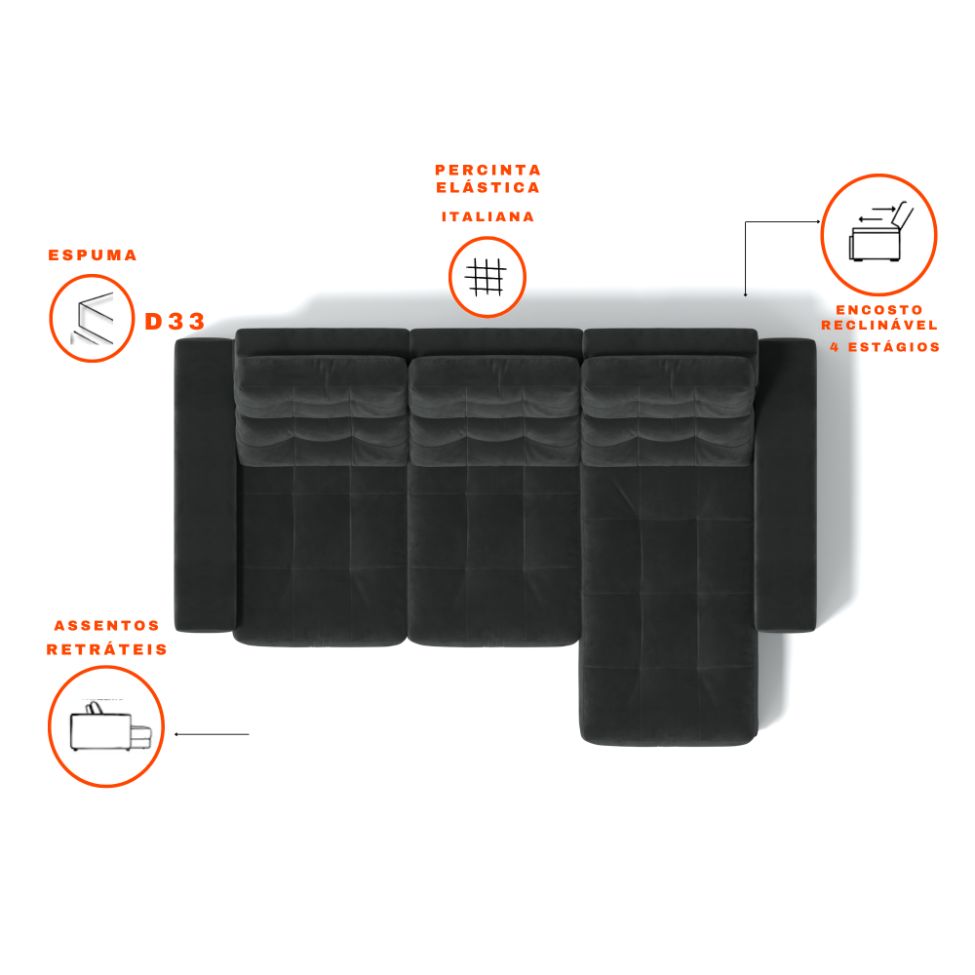 Sofá 3 Lugares Retrátil e Reclinável Baden Suede Preto 230 cm