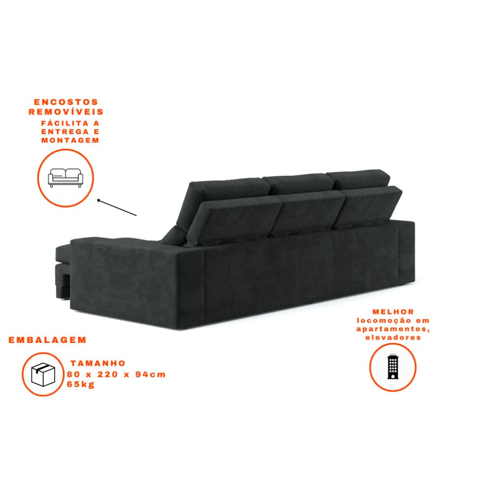 Sofá 3 Lugares Retrátil e Reclinável Baden Suede Preto 230 cm