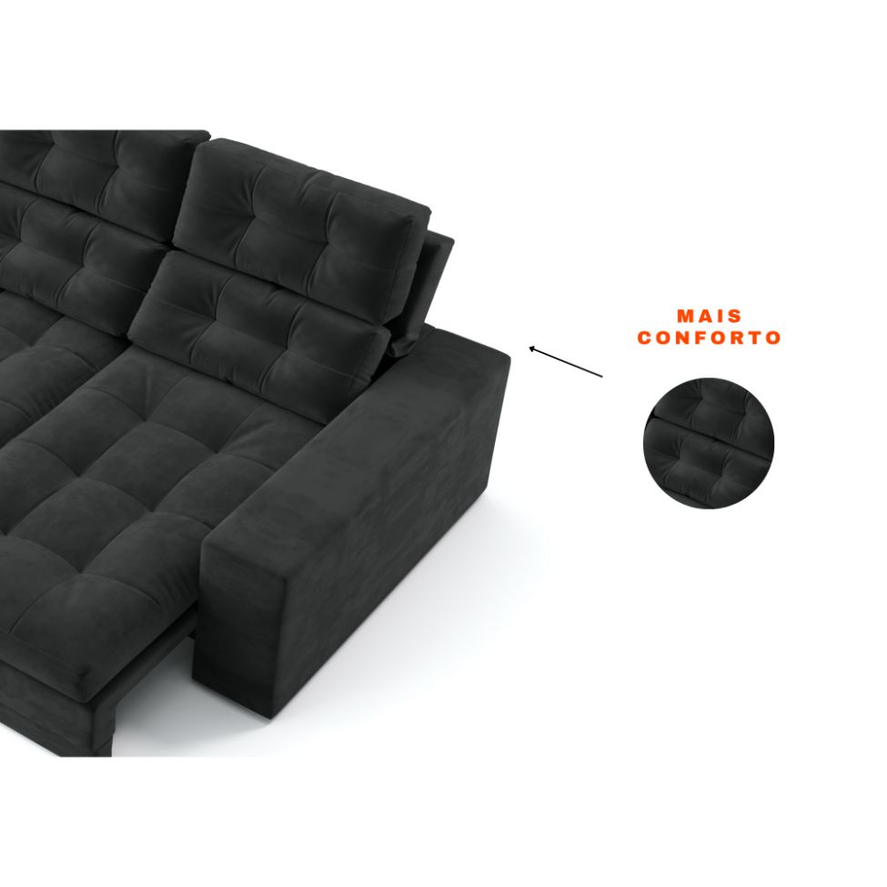 Sofá 3 Lugares Retrátil e Reclinável Baden Suede Preto 230 cm
