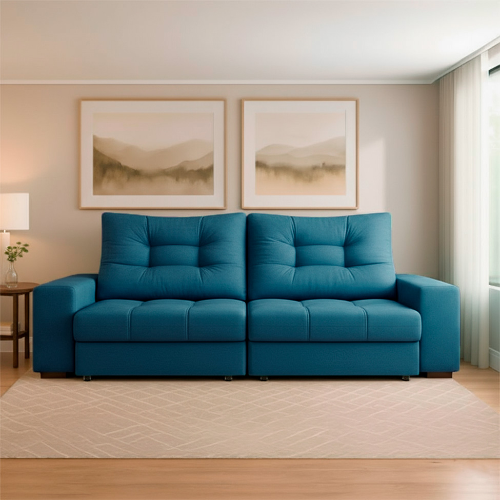 Sofá 3 Lugares Retrátil e Reclinável Biarritz Suede Azul Turquesa