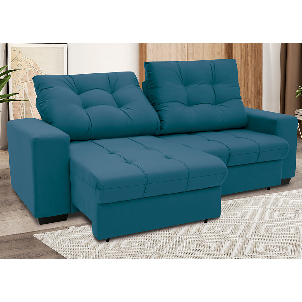 Sofá 3 Lugares Retrátil e Reclinável Biarritz Suede Azul Turquesa
