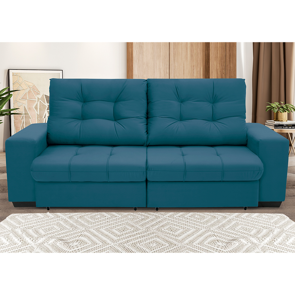 Sofá 3 Lugares Retrátil e Reclinável Biarritz Suede Azul Turquesa