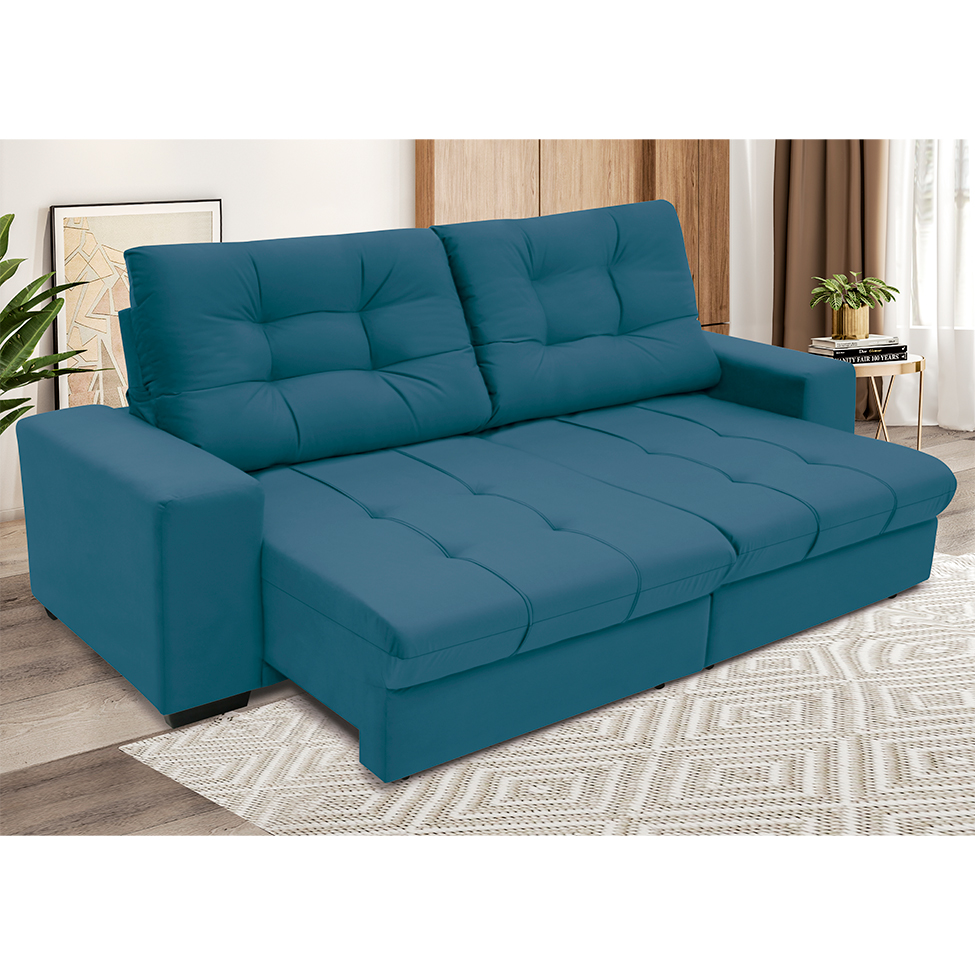 Sofá 3 Lugares Retrátil e Reclinável Biarritz Suede Azul Turquesa