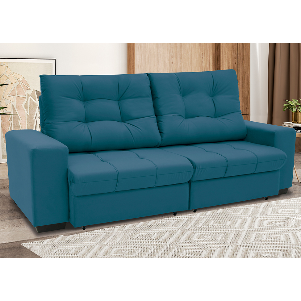 Sofá 3 Lugares Retrátil e Reclinável Biarritz Suede Azul Turquesa