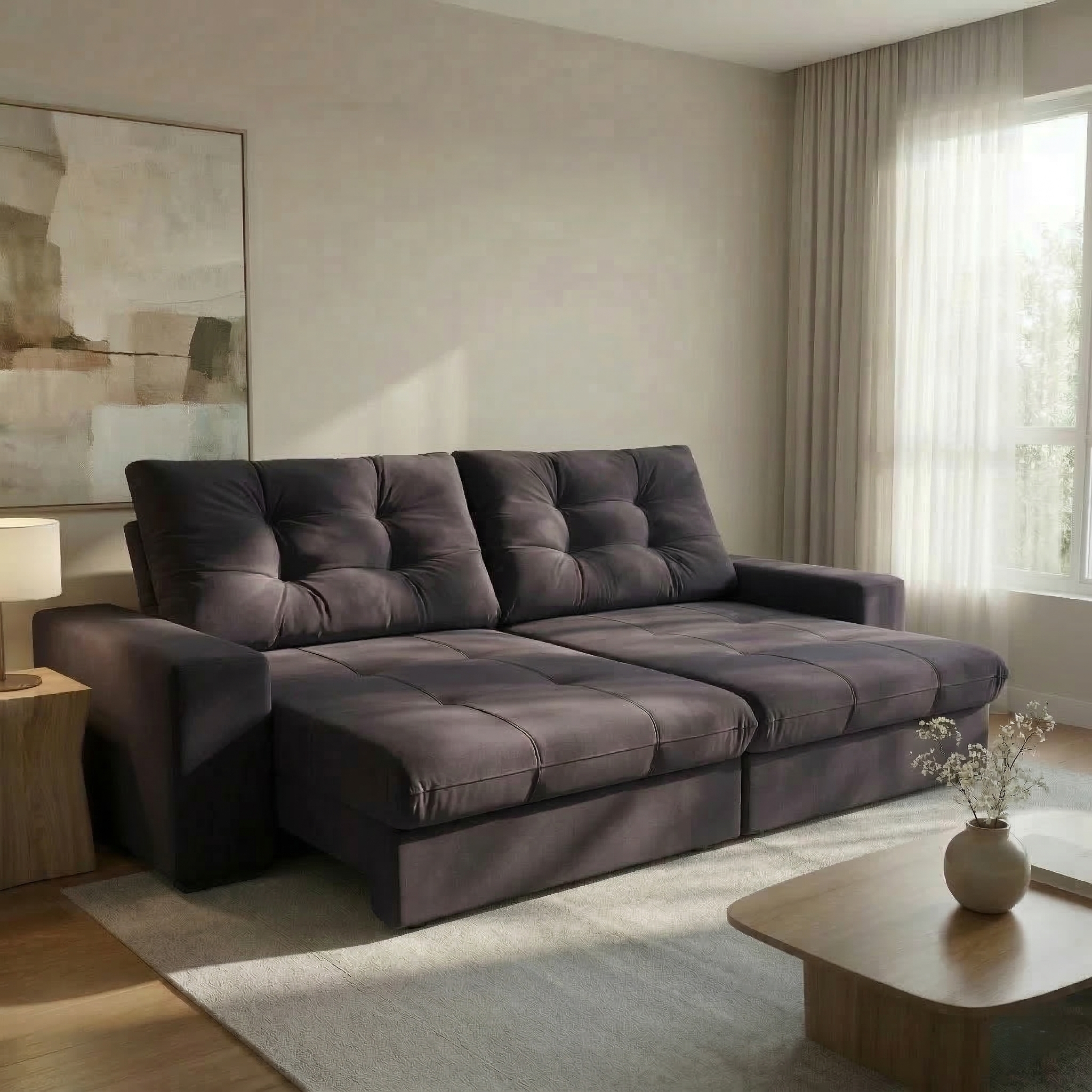 Sofá 3 Lugares Retrátil e Reclinável Biarritz Suede Castanho