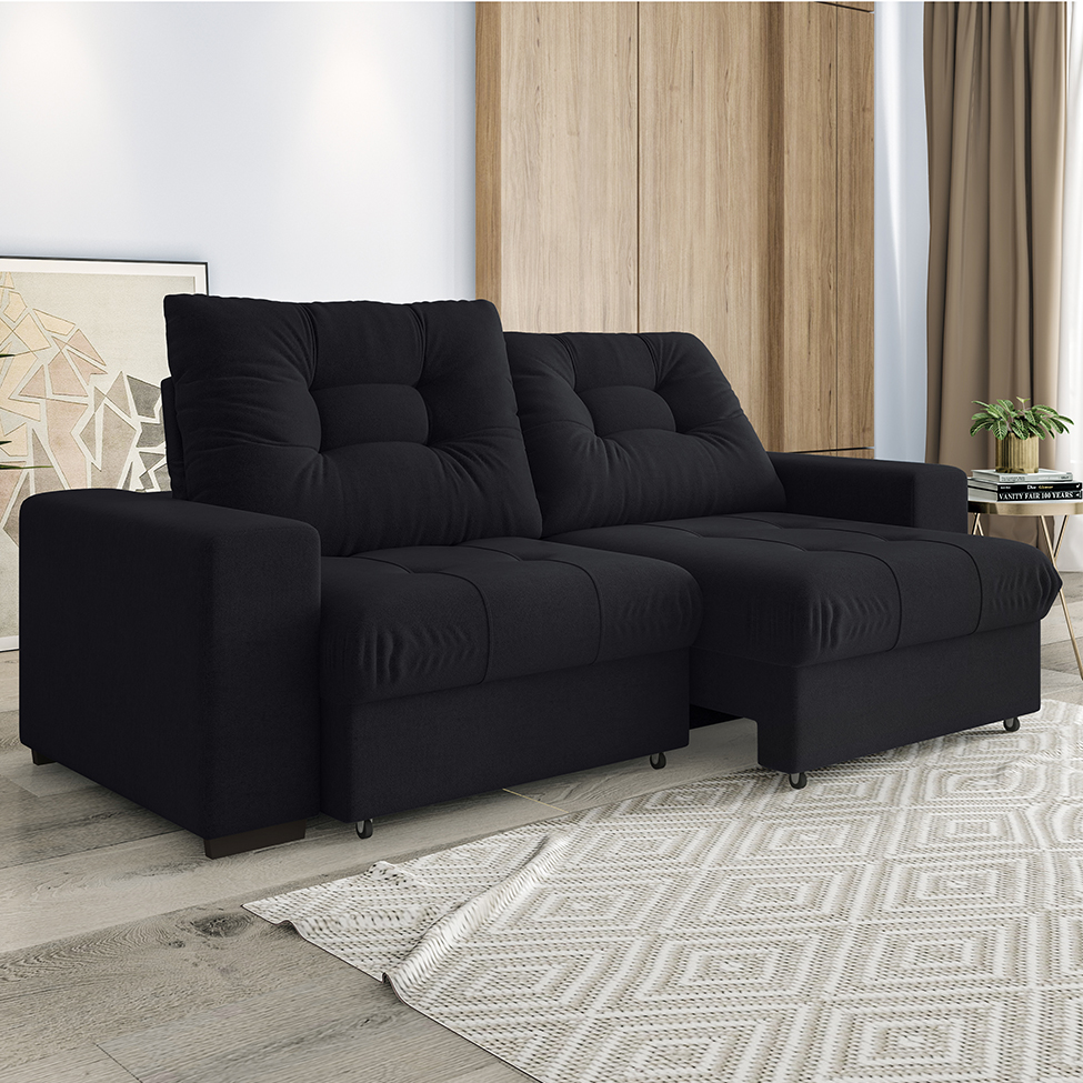Sofá 3 Lugares Retrátil e Reclinável Biarritz Suede Preto
