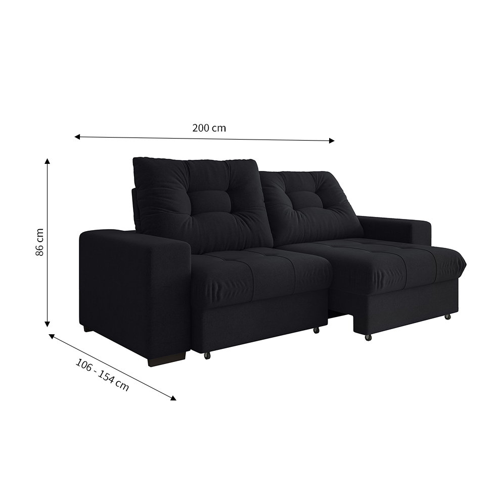 Sofá 3 Lugares Retrátil e Reclinável Biarritz Suede Preto