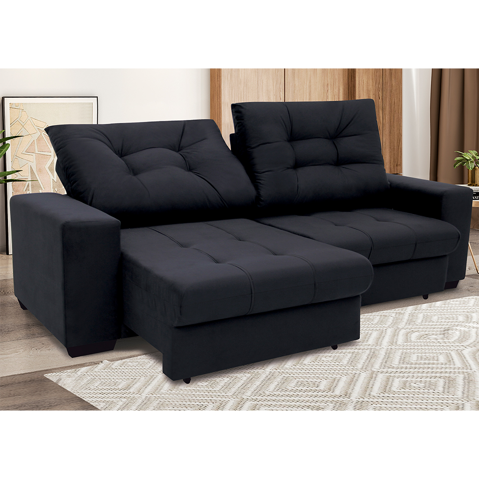 Sofá 3 Lugares Retrátil e Reclinável Biarritz Suede Preto