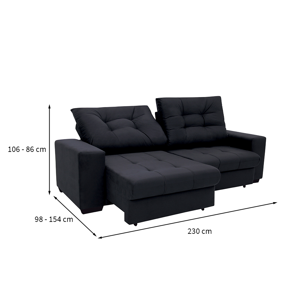 Sofá 3 Lugares Retrátil e Reclinável Biarritz Suede Preto