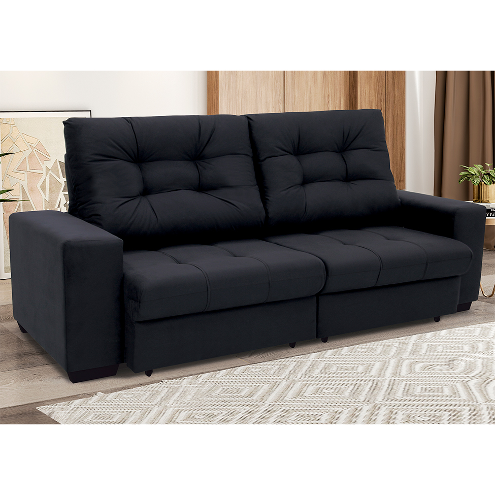 Sofá 3 Lugares Retrátil e Reclinável Biarritz Suede Preto