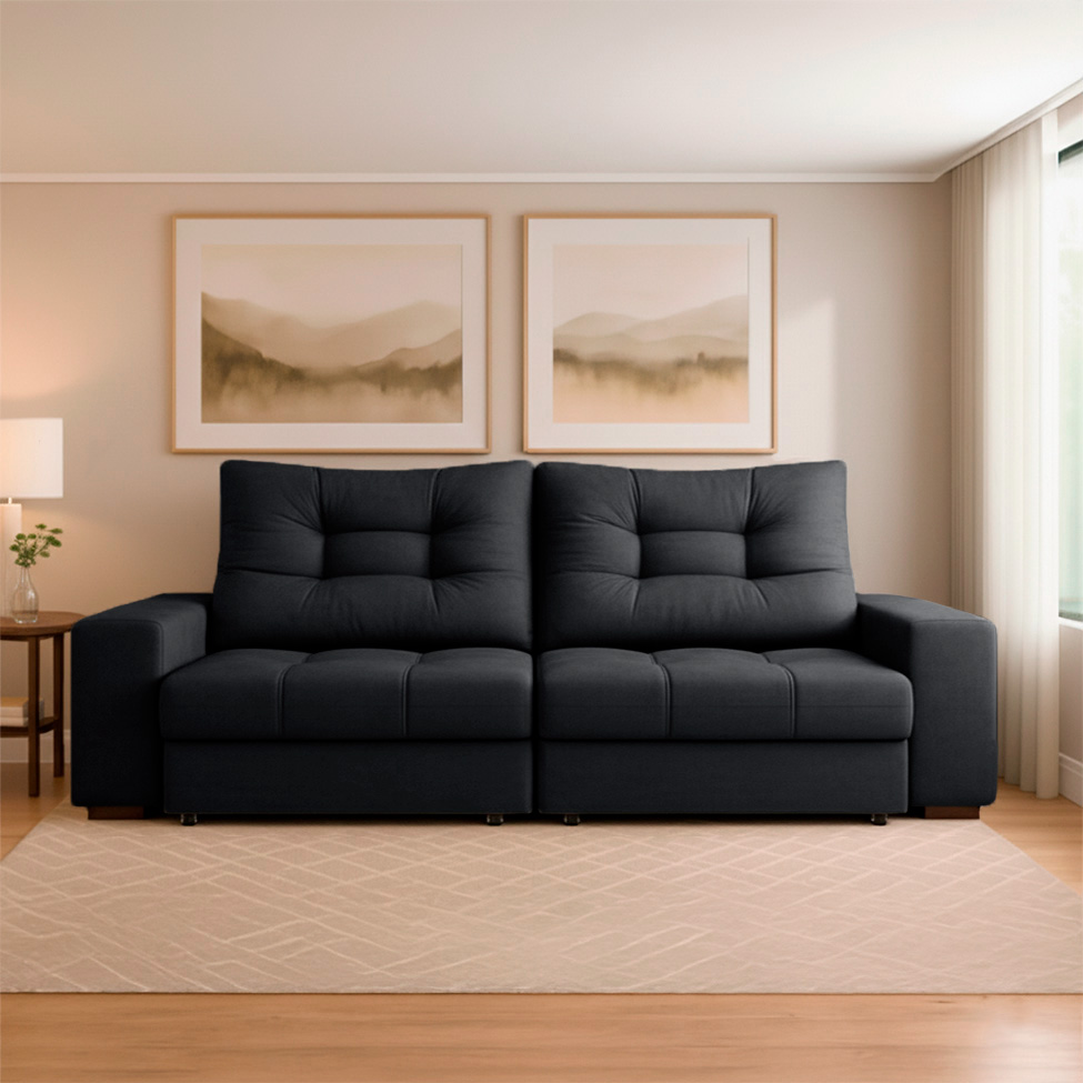 Sofá 3 Lugares Retrátil e Reclinável Biarritz Suede Preto