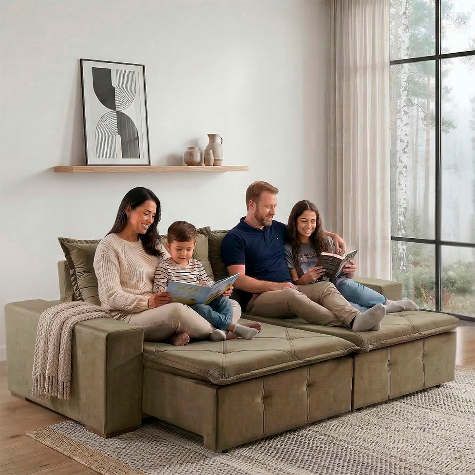 Sofá 3 Lugares Retrátil e Reclinável França Suede Bege