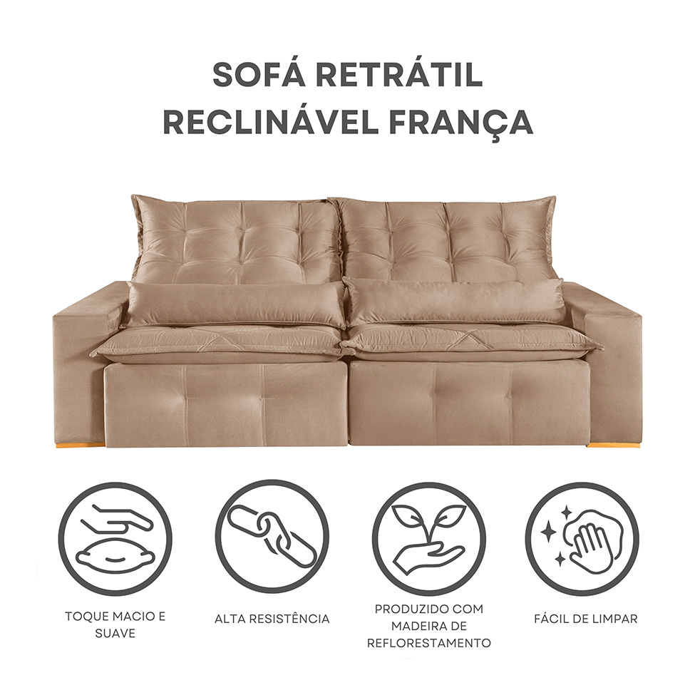 Sofá 3 Lugares Retrátil e Reclinável França Suede Bege