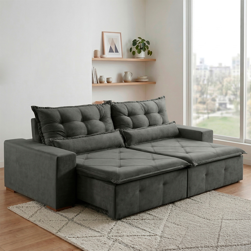 Sofá 3 Lugares Retrátil e Reclinável França Suede Cinza