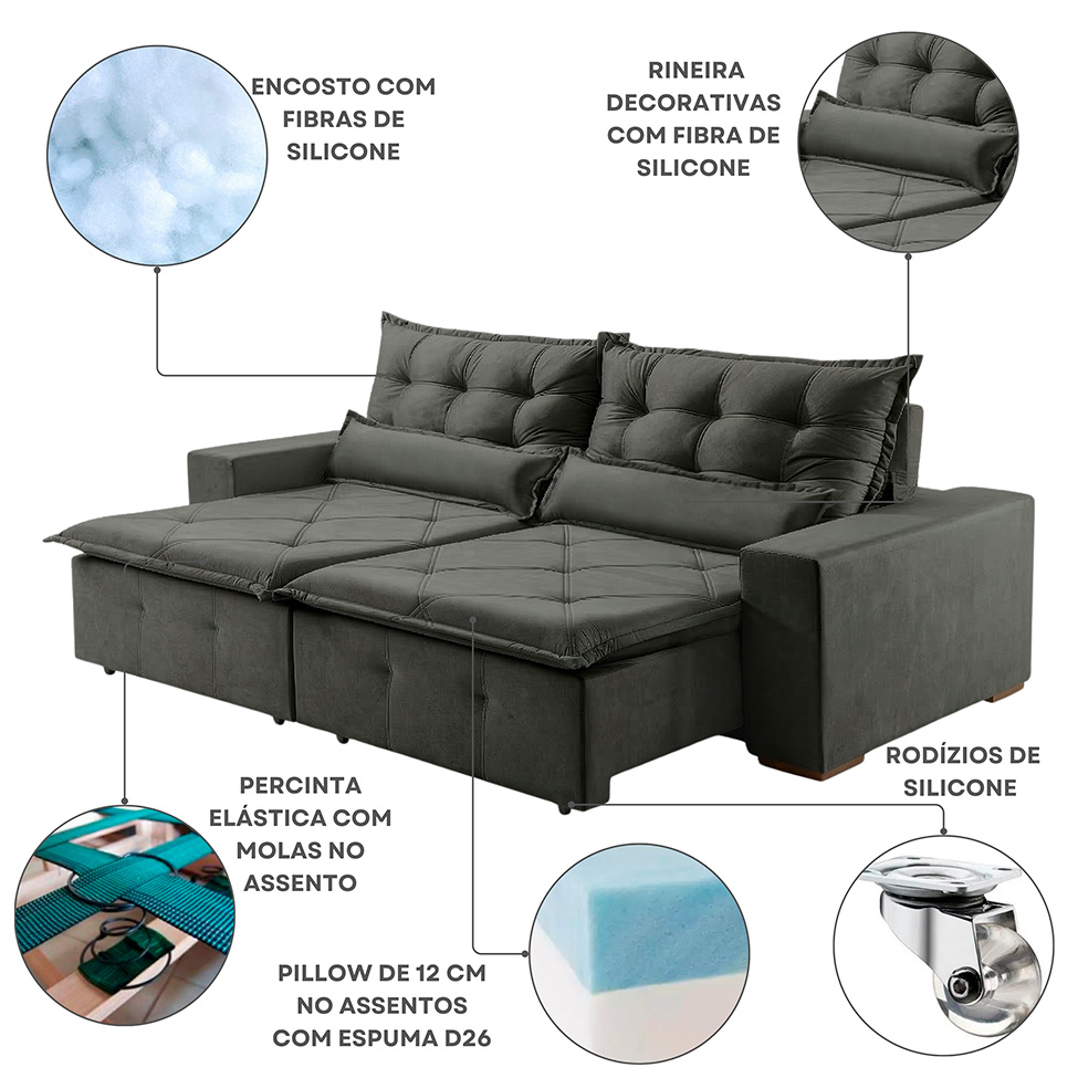 Sofá 3 Lugares Retrátil e Reclinável França Suede Cinza