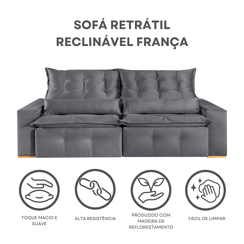 Sofá 3 Lugares Retrátil e Reclinável França Suede Cinza