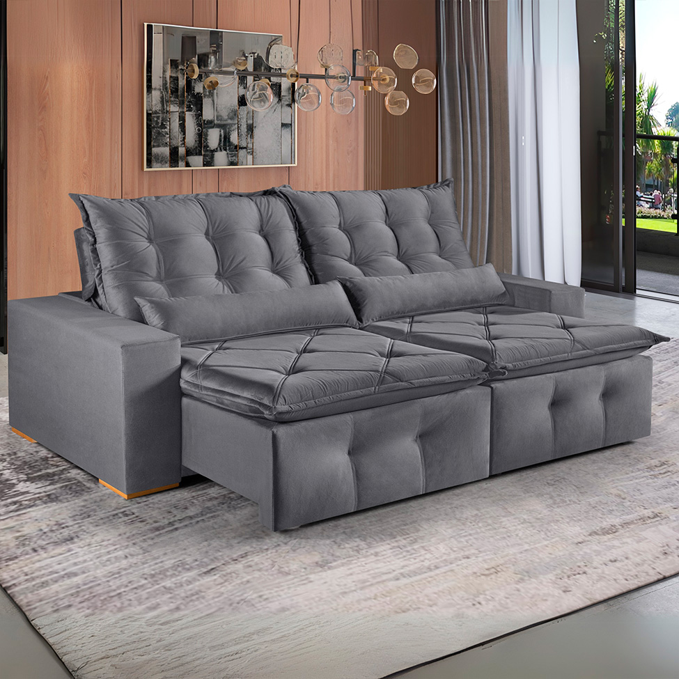 Sofá 3 Lugares Retrátil e Reclinável França Suede Cinza