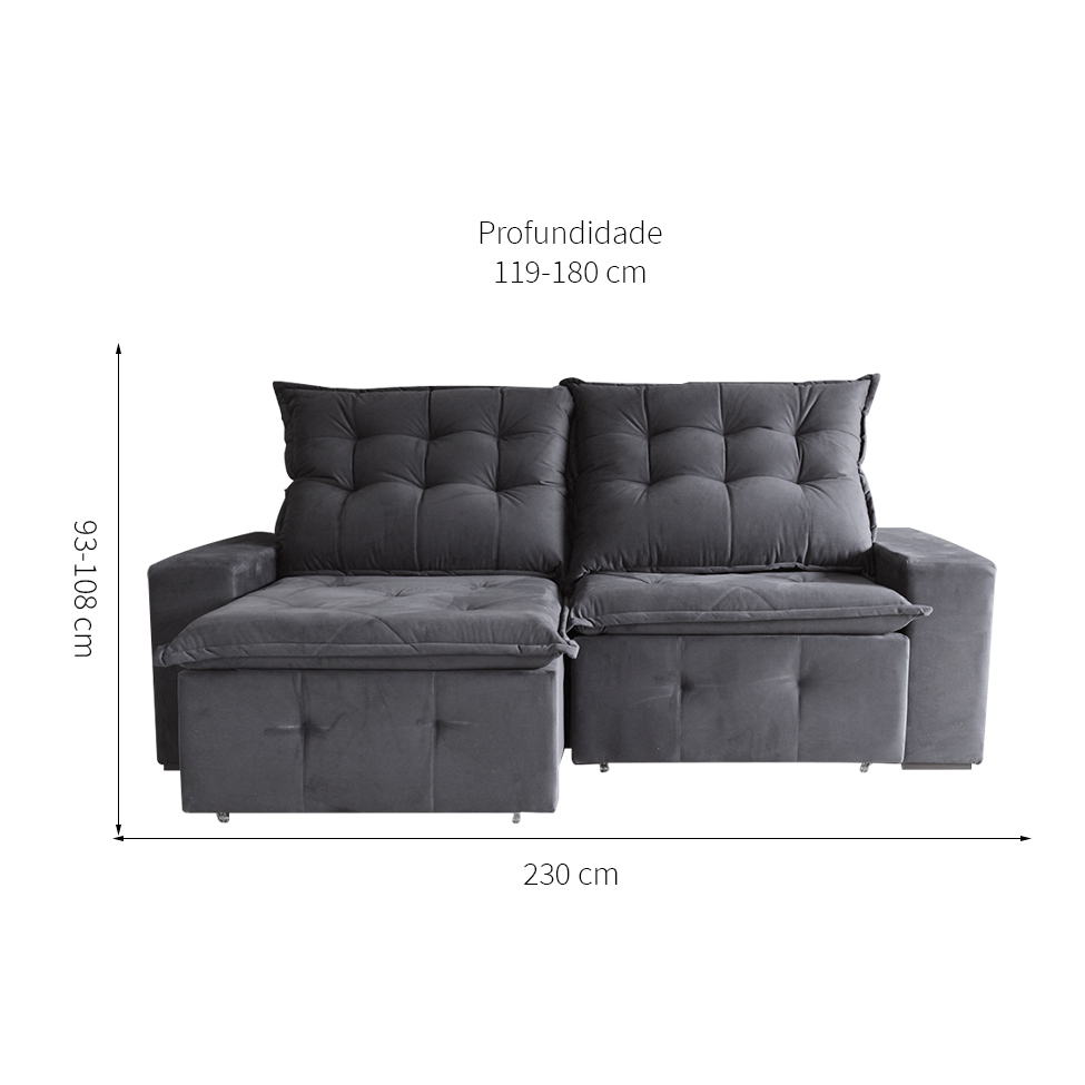 Sofá 3 Lugares Retrátil e Reclinável França Suede Cinza