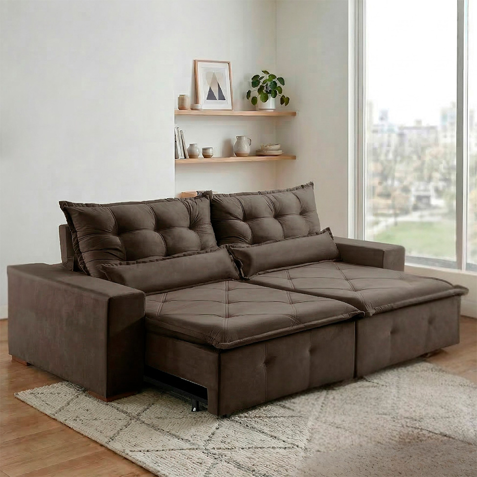 Sofá 3 Lugares Retrátil e Reclinável França Suede Marrom