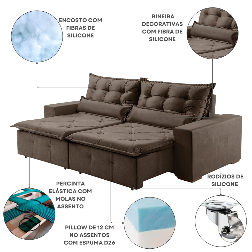 Sofá 3 Lugares Retrátil e Reclinável França Suede Marrom