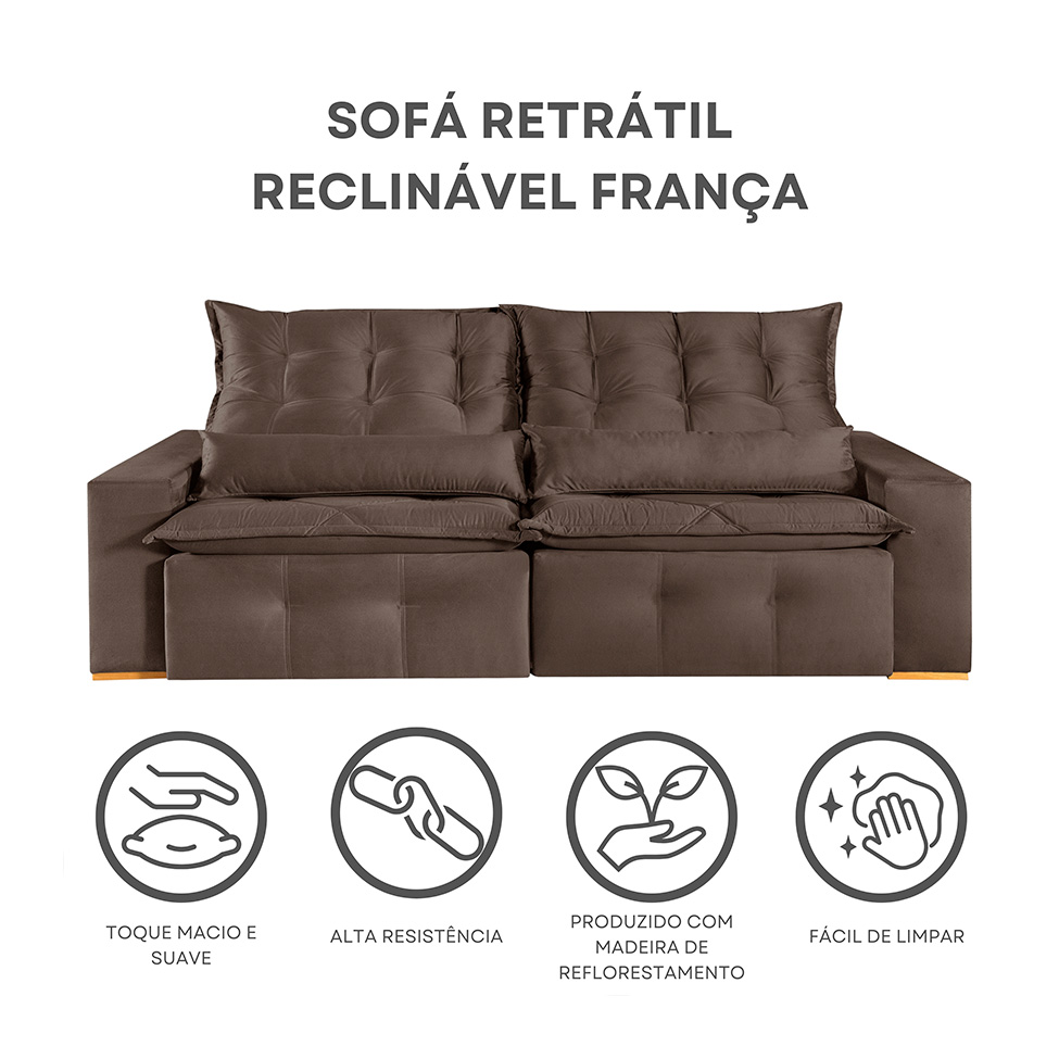 Sofá 3 Lugares Retrátil e Reclinável França Suede Marrom