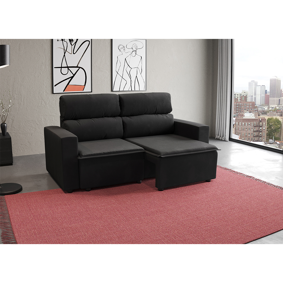 Sofá 3 Lugares Retrátil e Reclinável Hanôver I Suede Preto 210 cm