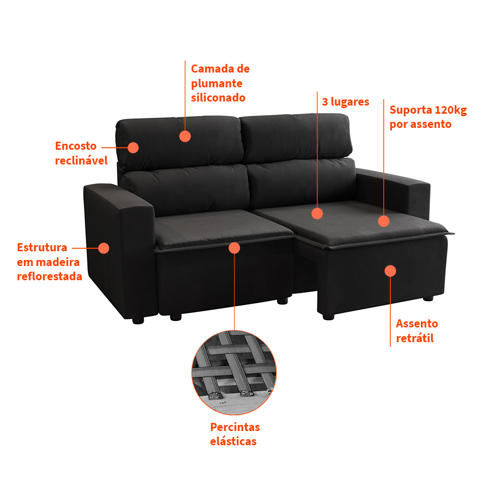 Sofá 3 Lugares Retrátil e Reclinável Hanôver I Suede Preto 210 cm