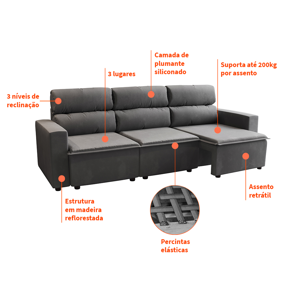 Sofá 3 Lugares Retrátil e Reclinável Hanôver II Suede Grafite 210 cm