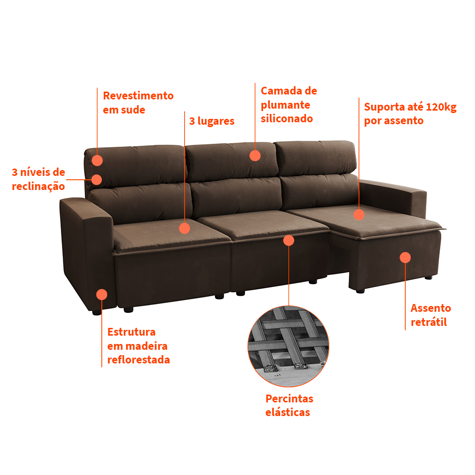 Sofá 3 Lugares Retrátil e Reclinável Hanôver II Suede Marrom 210 cm