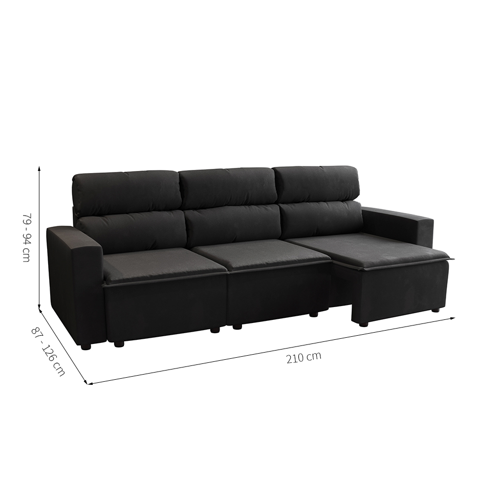 Sofá 3 Lugares Retrátil e Reclinável Hanôver II Suede Preto 210 cm
