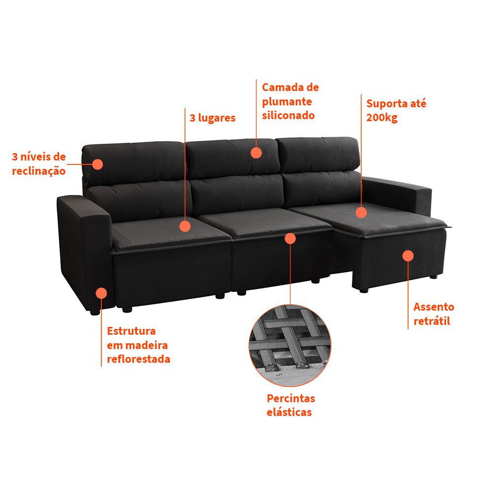 Sofá 3 Lugares Retrátil e Reclinável Hanôver II Suede Preto 210 cm