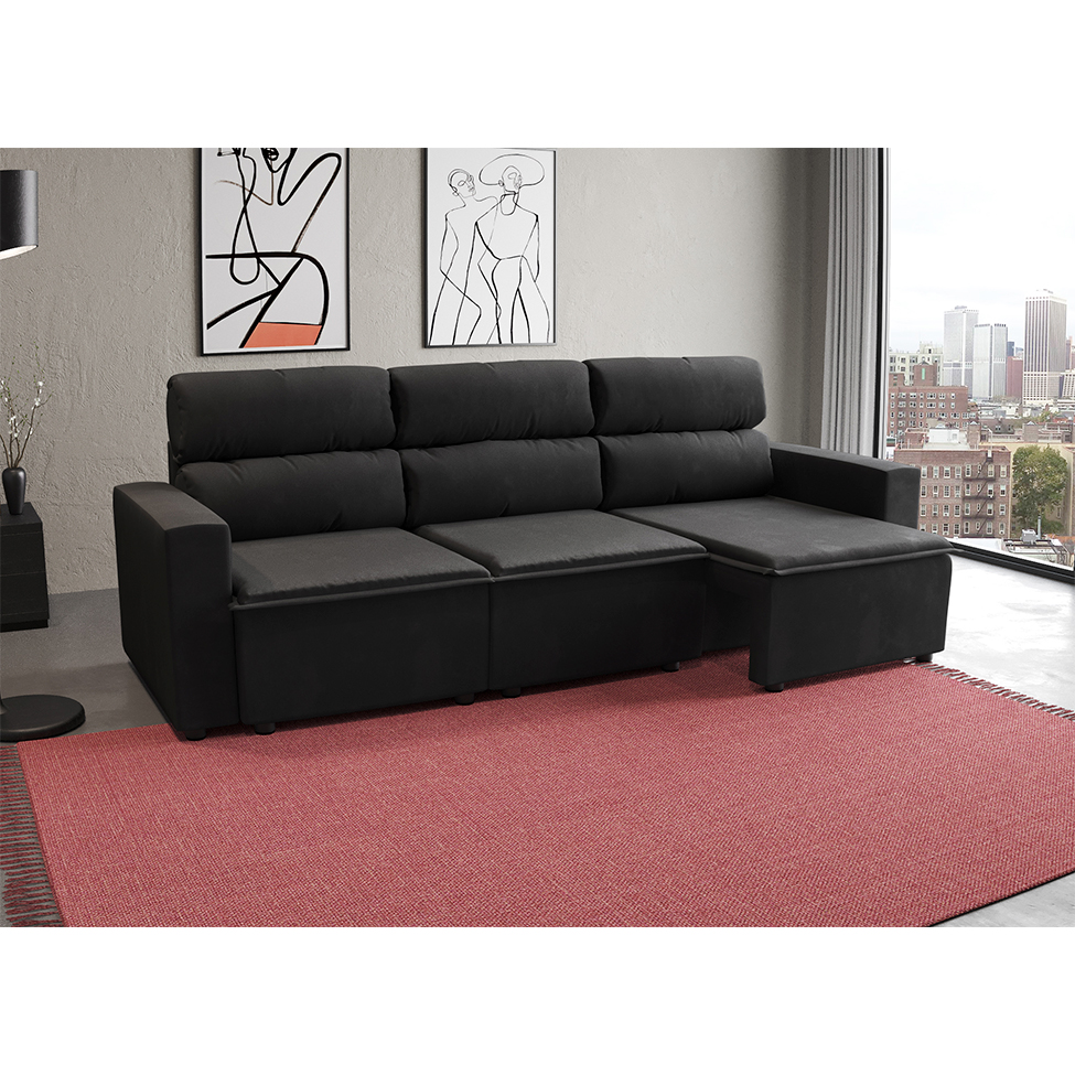 Sofá 3 Lugares Retrátil e Reclinável Hanôver II Suede Preto 210 cm