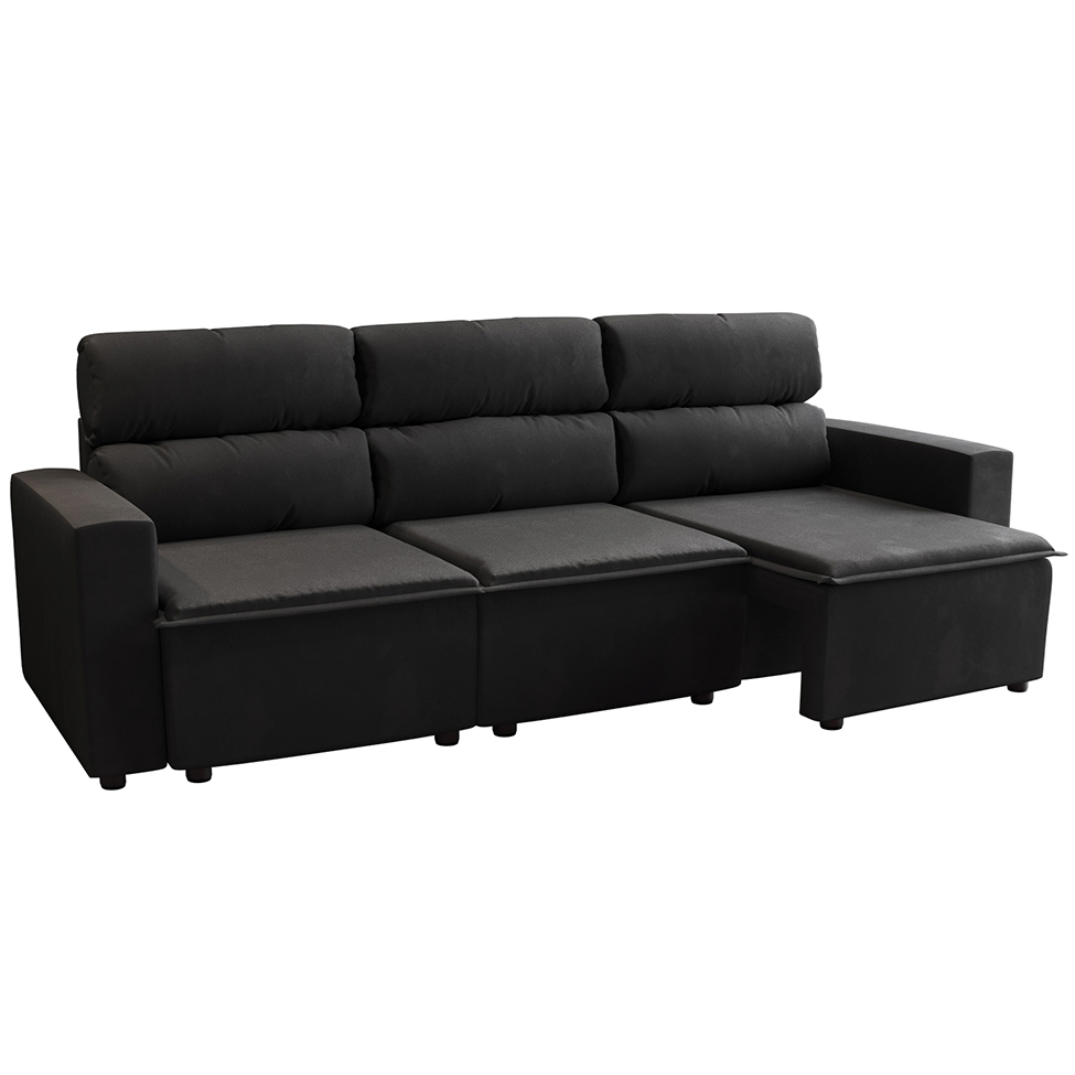 Sofá 3 Lugares Retrátil e Reclinável Hanôver II Suede Preto 210 cm