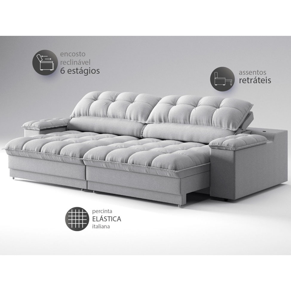 Sofá 3 Lugares Retrátil e Reclinável Helen com USB e Porta-Copos Linho Prata 210 cm