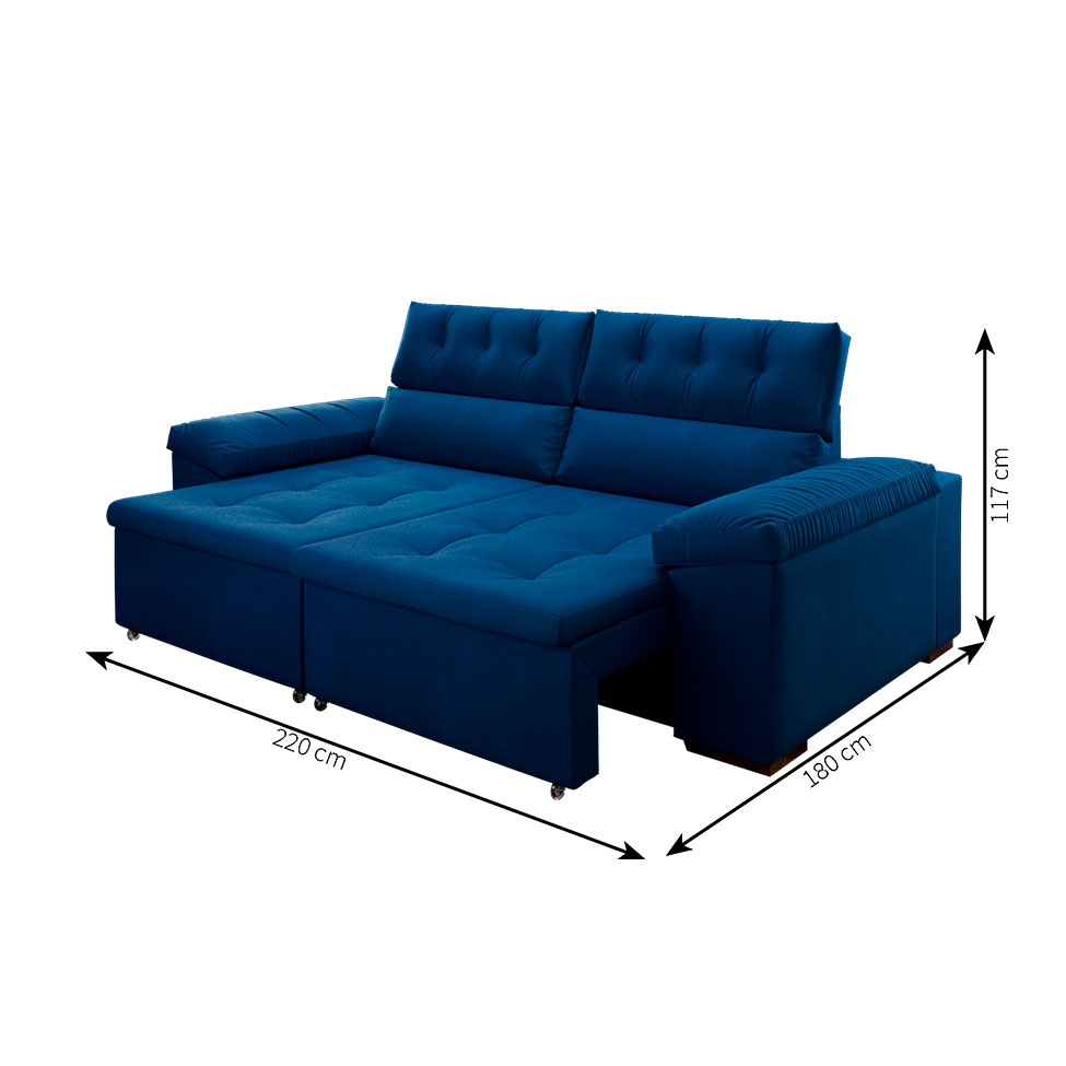 Sofá 3 Lugares Retrátil e Reclinável Herzog Veludo Azul Marinho 220 cm